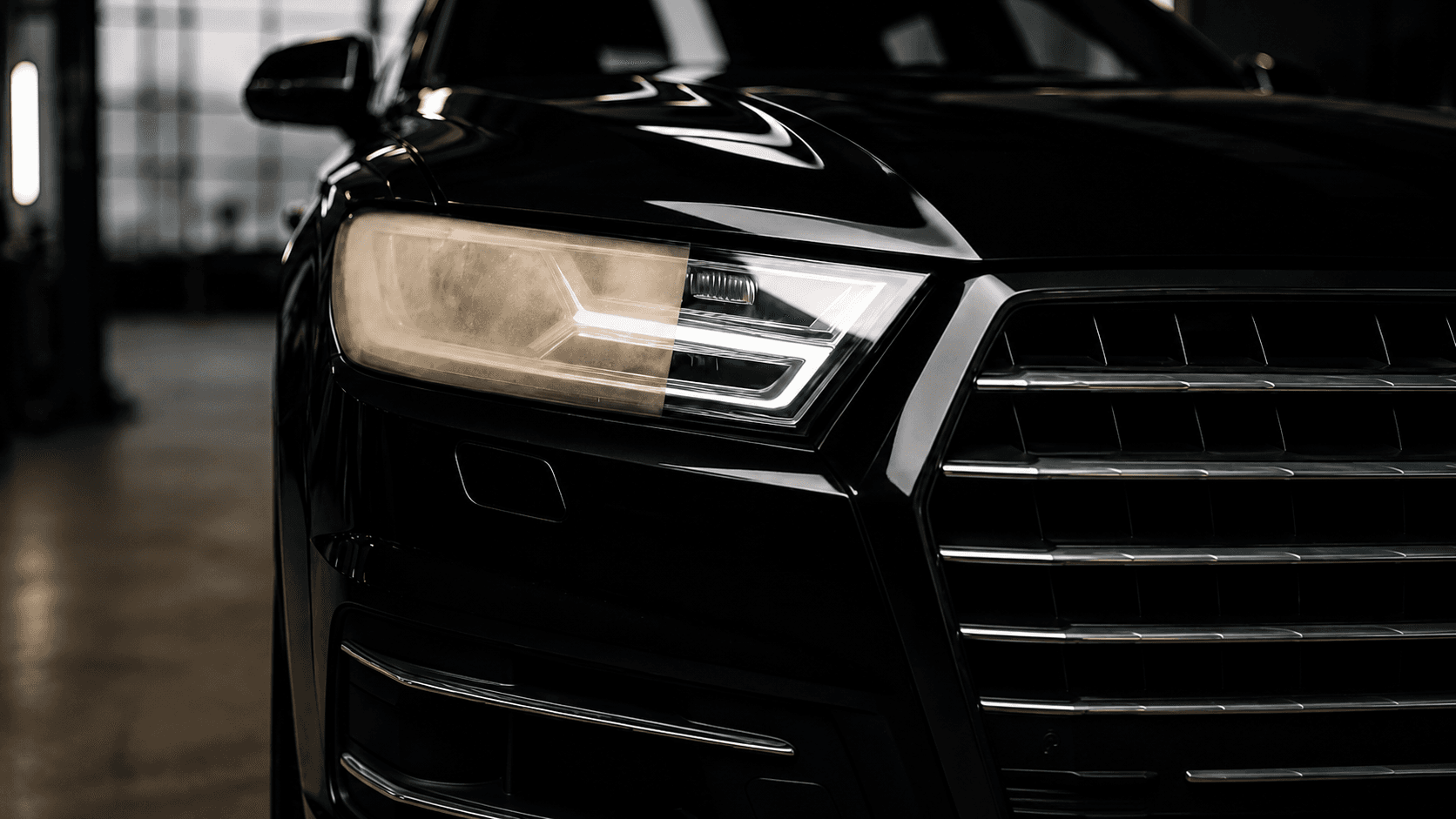 UV-cured headlight restoration in a professional workshop with curing lamp
