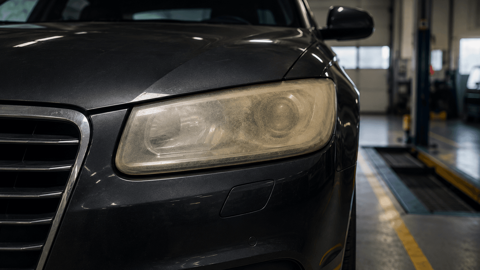 Foggy yellowed headlight on a car in a Belgian vehicle inspection workshop