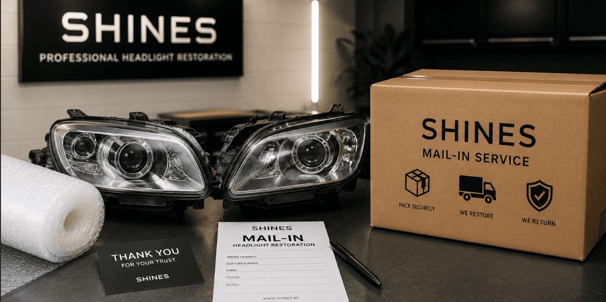 SHINES mail-in headlight restoration with packed shipping box, restored headlights, and order form