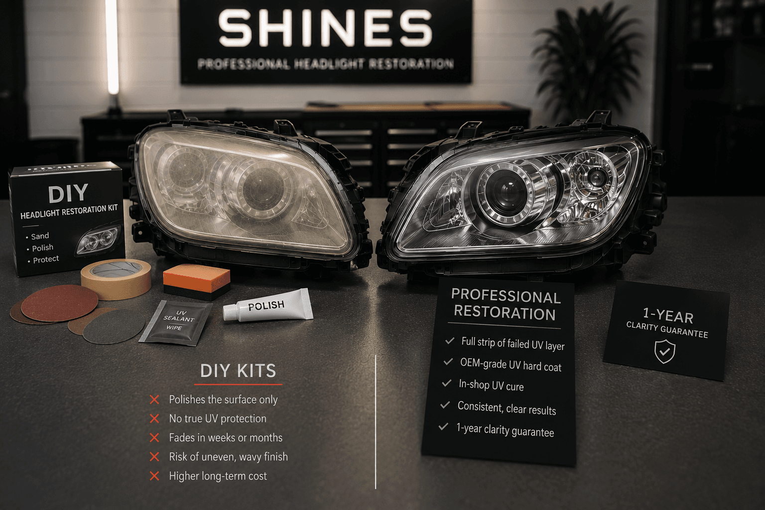 Professional headlight restoration vs DIY kits comparison showing cloudy DIY result next to clear professional result
