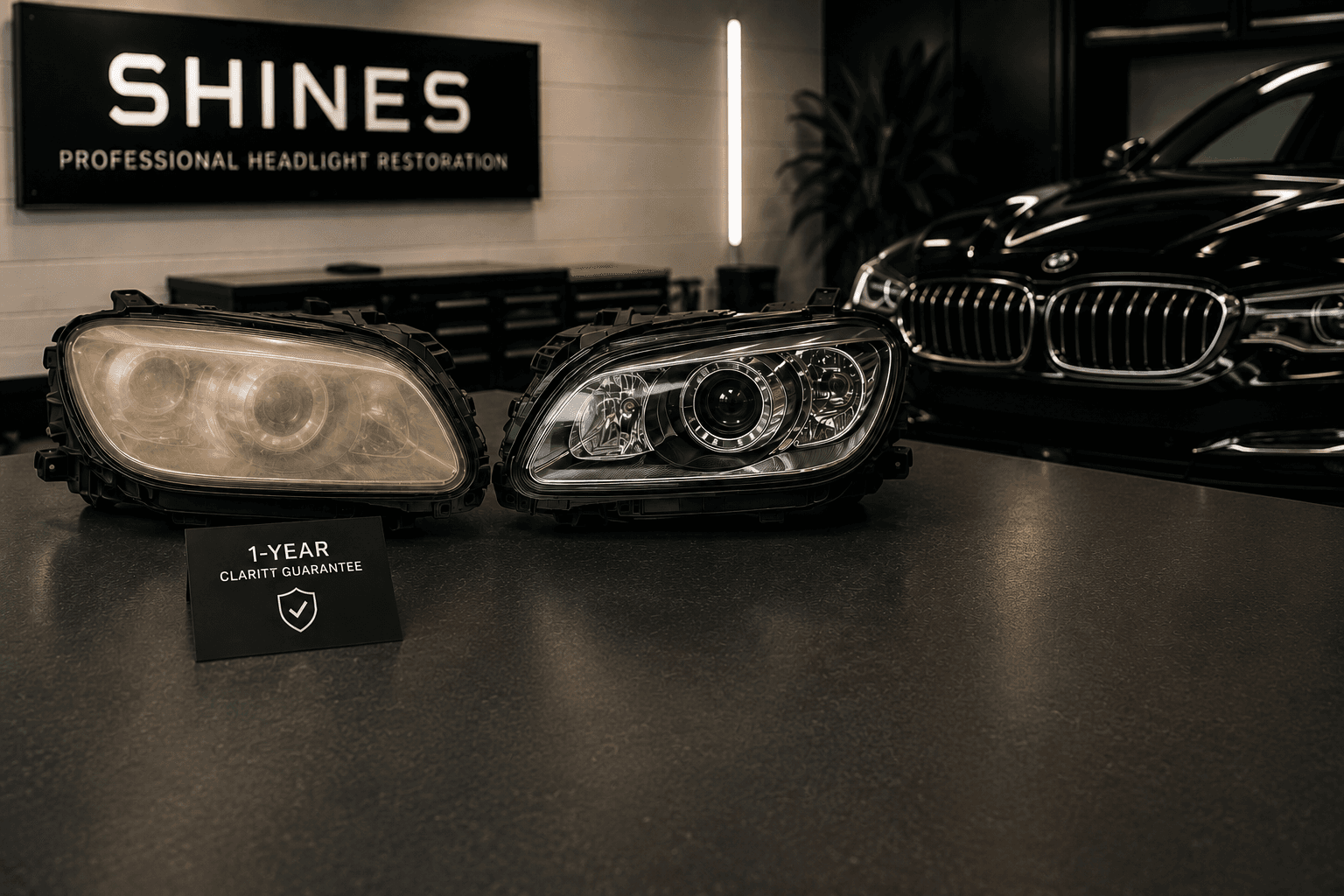 SHINES professional headlight restoration launch in Belgium with before and after headlights in workshop