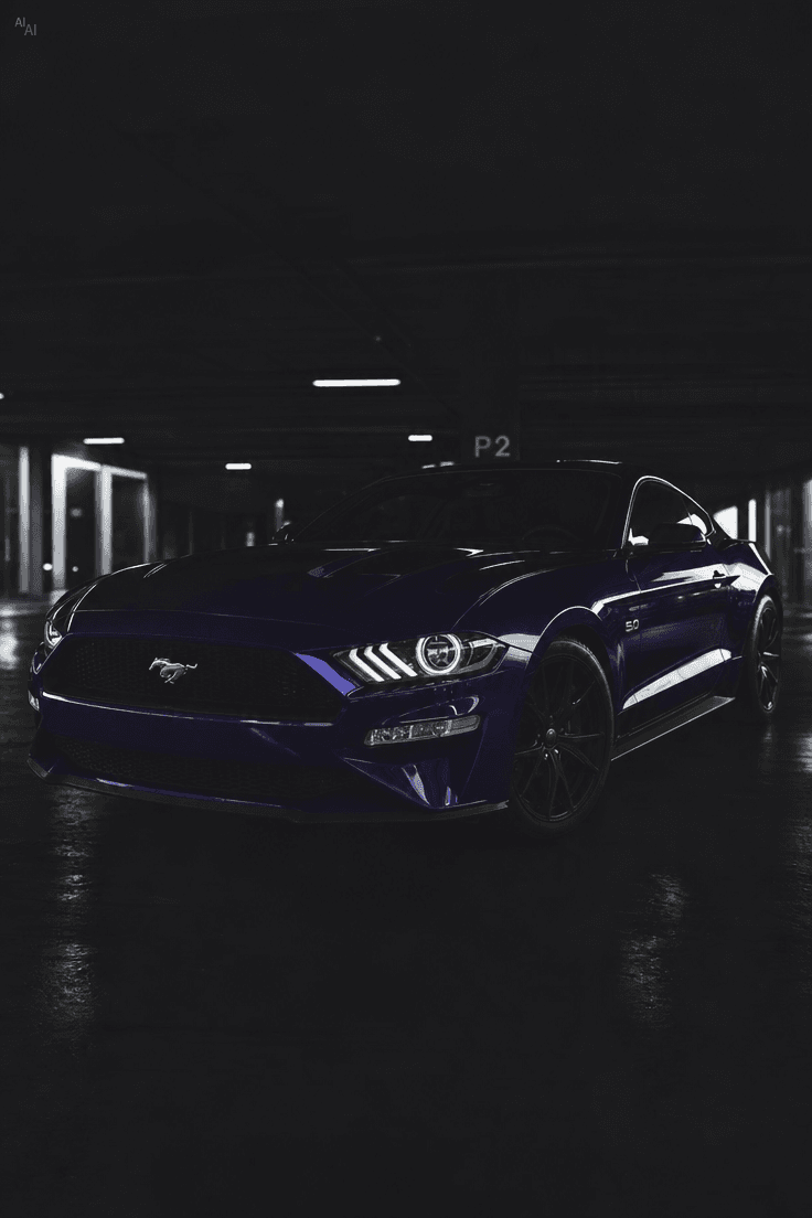 Ford Mustang with restored headlights in a parking garage